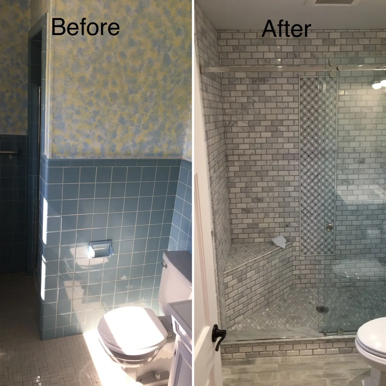 Bathroom before and after a full remodel, from dated tile to a marble shower